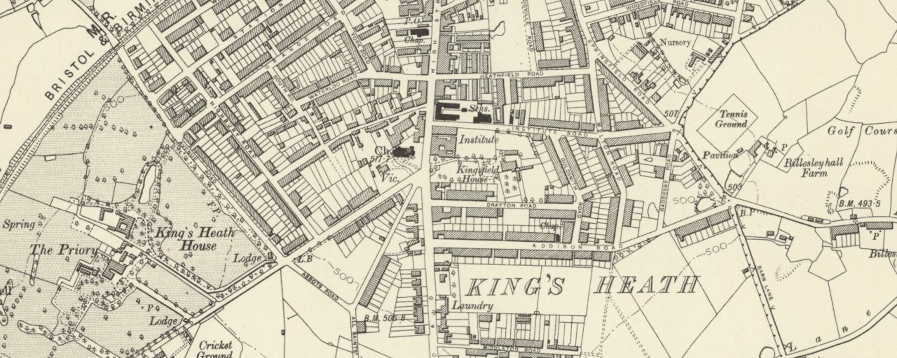 Historic Ordnance Survey map showing Kings Heath High Street in 1888